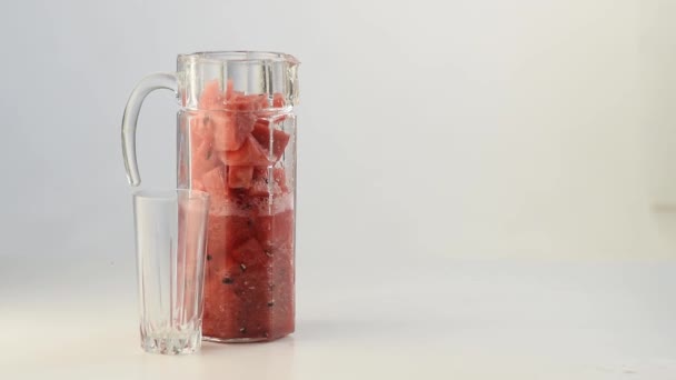 Grind Watermelon Blender Glass Jug White Background — Stock Video