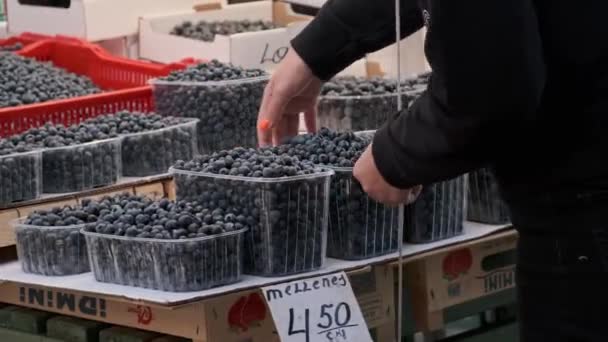 Embalagem Blueberries Nas Prateleiras Mercado — Vídeo de Stock