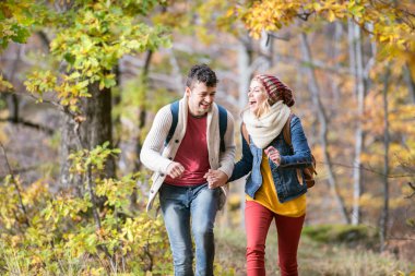 Güneşli sonbahar ormandaki bir yolda güzel Çift