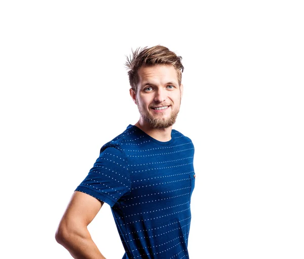 Hipster man in striped blue t-shirt, studio shot, isolated — Stock Photo, Image