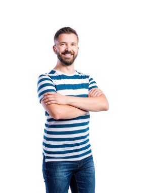 Mavi çizgili tişört hipster adam 