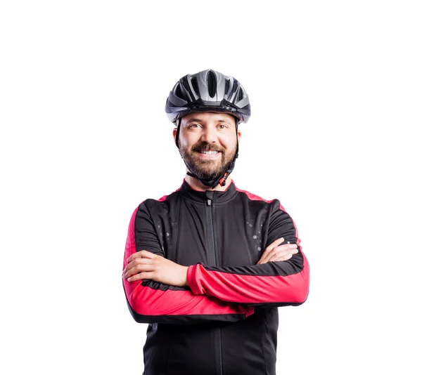 Homem de camisola esportiva usando capacete — Fotografia de Stock