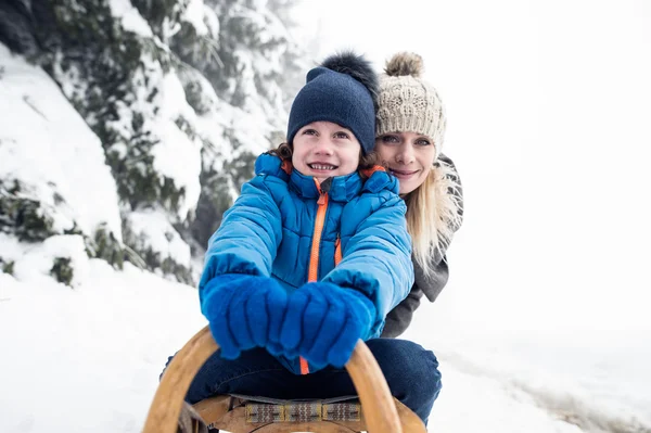 Madre con figlio sulla slitta. Foggy bianco natura invernale . — Foto Stock