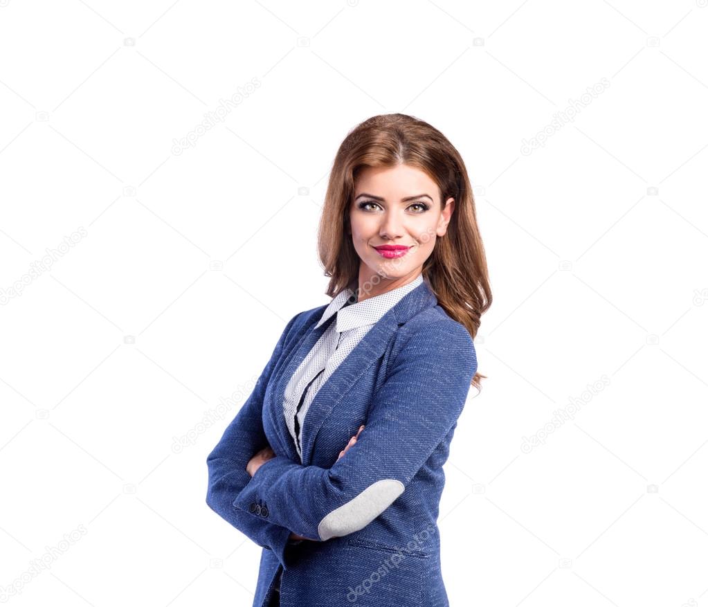 Woman in shirt and blue jacket, studio shot, isolated