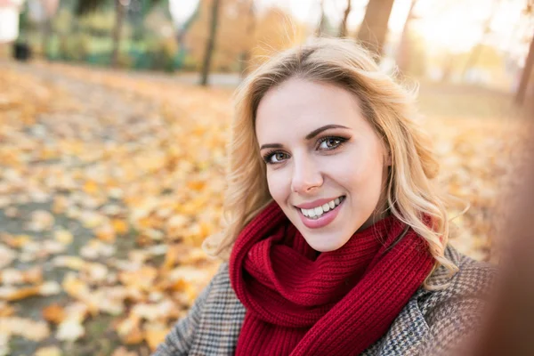 Őszi park vesz selfie nő — Stock Fotó
