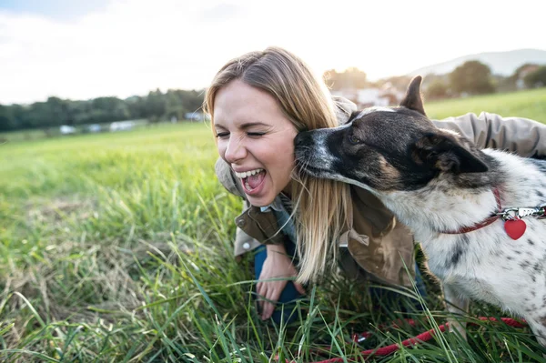 Woman with dog in green nature — Stockfoto