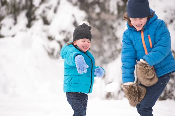 Dos chicos lindos jugando al aire libre en invierno naturaleza —  Fotos de Stock