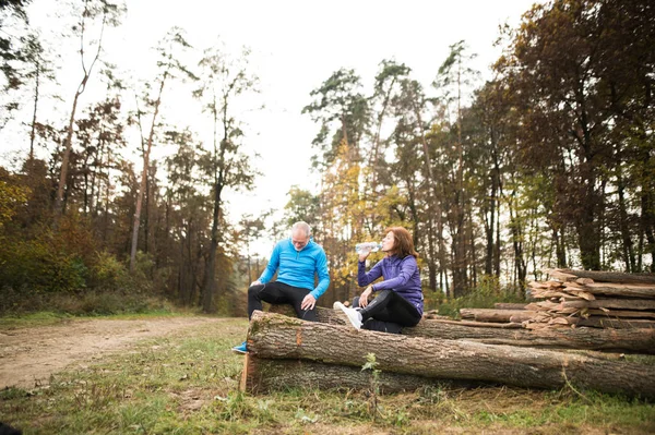 Corredores senior sentados en troncos de madera, descansando, agua potable . — Foto de Stock