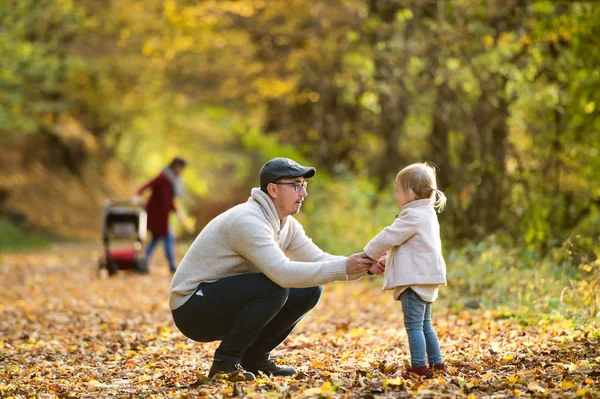 Schöne junge Familie auf einem Spaziergang im herbstlichen Wald. — Stockfoto