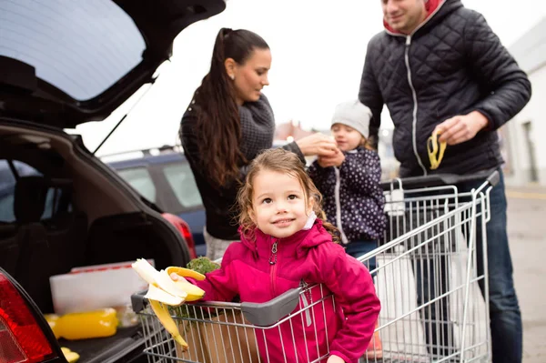 Padres empujando carrito de compras con comestibles y sus hijas —  Fotos de Stock