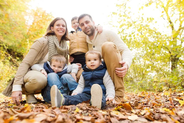 Mooie jonge gezin op een wandeling in de herfst bos. — Stockfoto