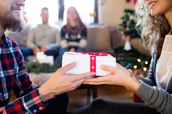 Unga vänner på dekorerad julgran firar jul — Stockfoto