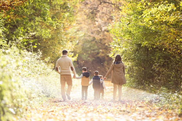 Schöne junge Familie auf einem Spaziergang im herbstlichen Wald. — Stockfoto