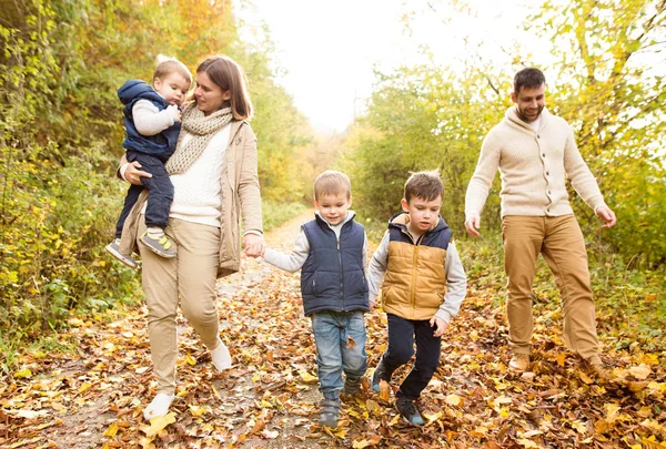 Schöne junge Familie auf einem Spaziergang im herbstlichen Wald. — Stockfoto