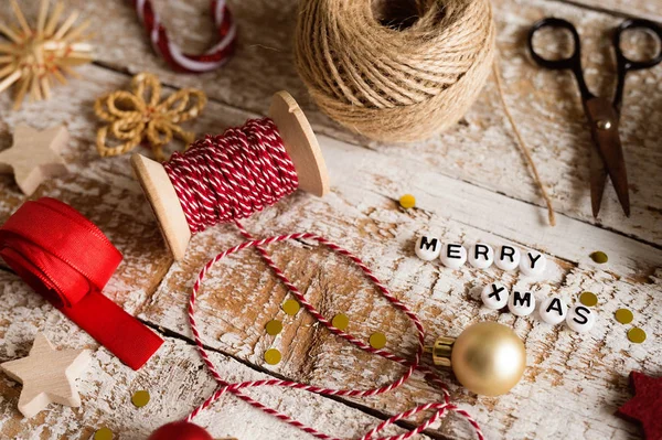 Christmas composition, studio shot, wooden background. — Stock Photo, Image