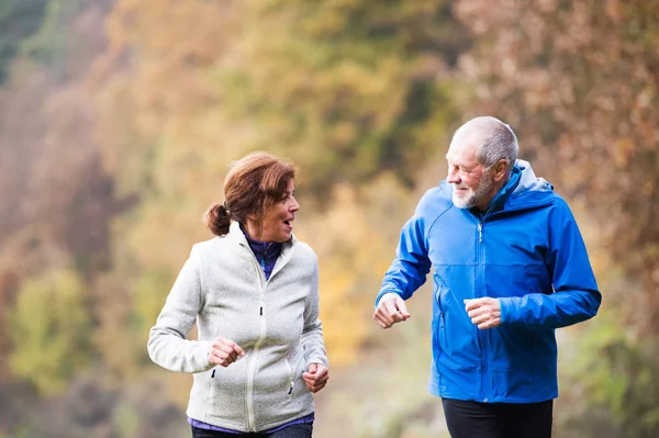 Hermosa pareja de ancianos corriendo al aire libre en la naturaleza soleada otoño — Foto de Stock