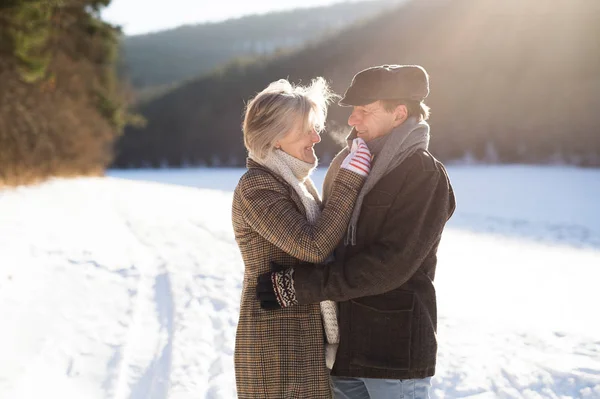 Hermosa pareja de ancianos en un paseo en el soleado día de invierno —  Fotos de Stock