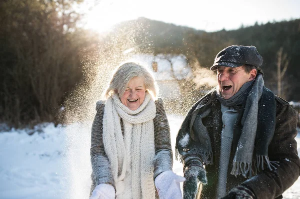 Hermosa pareja de ancianos soplando nieve en la naturaleza soleada de invierno —  Fotos de Stock