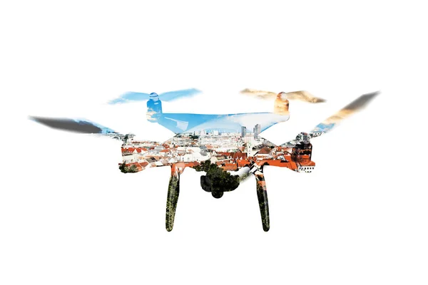 Dupla expozíció. Lebegő drone és tetők az épületek, a ci — Stock Fotó