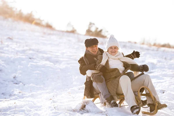 Beautiful senior couple on sledge having fun, winter day. — Stock Photo, Image