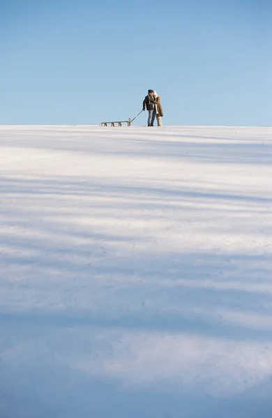 Mooie hoge paar op een wandeling trekken sleden, winterdag. — Stockfoto