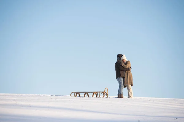 Piękna para starszy na spacer ciągnąc sanki, zimowy dzień. — Zdjęcie stockowe