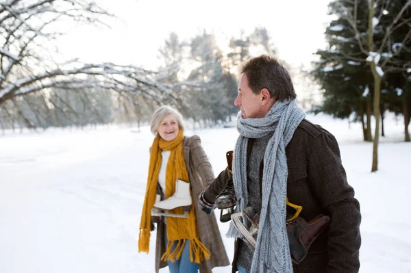 Äldre par i soliga vintern natur går skridskoåkning. — Stockfoto