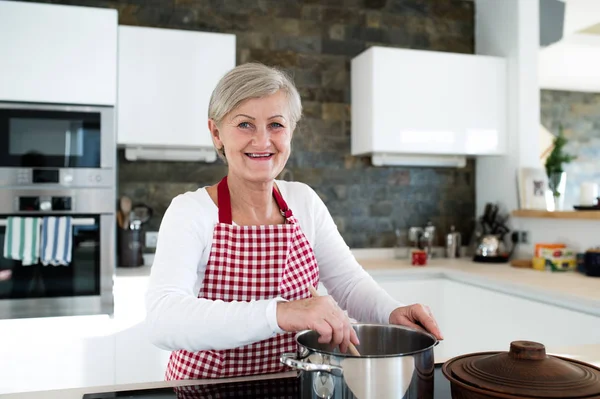 Senior woman in the kitchen cooking, mixing food in a pot. — Stock Photo, Image