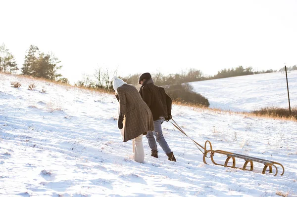 Beautiful senior couple on a walk pulling sledge, winter day. — Stock Photo, Image
