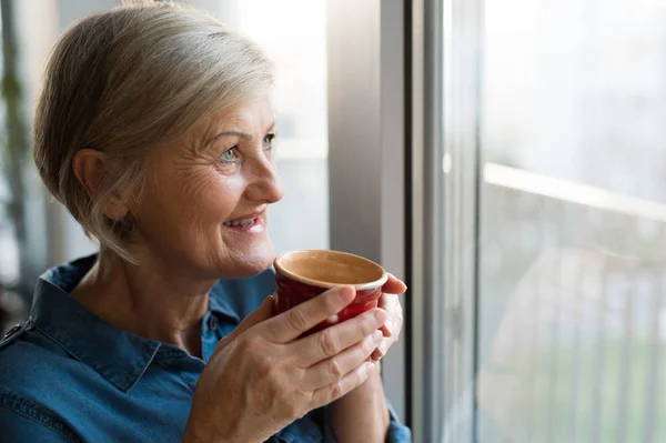 Senior woman at the window holding a cup of coffee — Stock Photo, Image