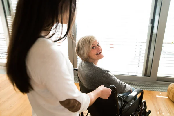 Disabled senior woman in wheelchair with her young daugher. — Stock Photo, Image