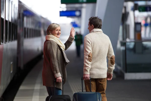 年长的夫妇在火车站拉手推车行李. — 图库照片