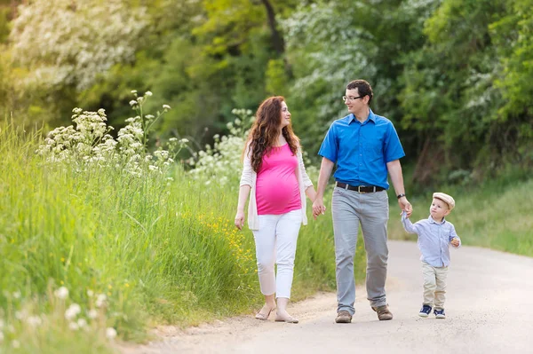 Jong gezin lopen op landweg in de groene natuur — Stockfoto