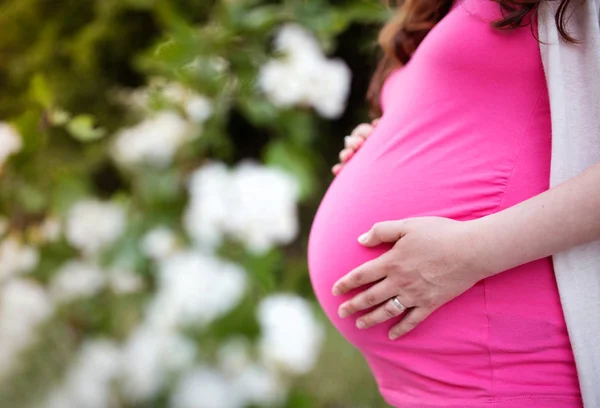 Oigenkännlig gravida kvinnor hålla hennes mage. Sommaren natur. — Stockfoto