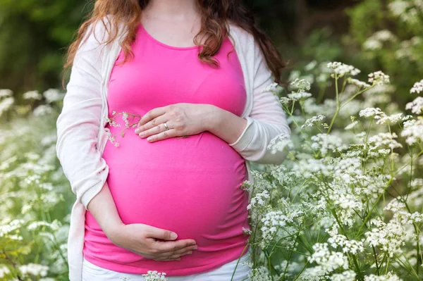 認識できない妊娠中の女性は、彼女の腹を保持しています。夏の自然. — ストック写真