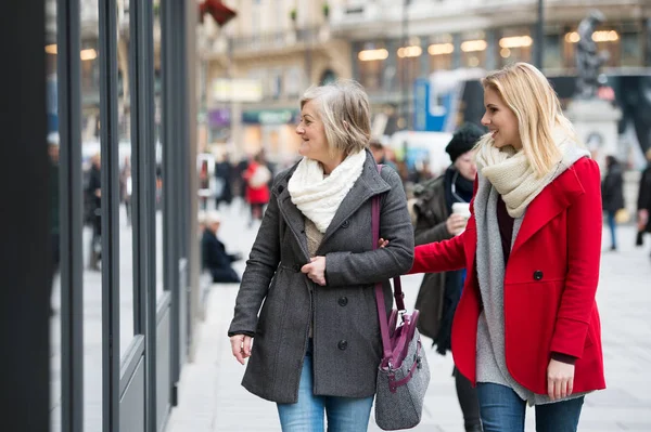 Mulheres janela de compras no centro da cidade. Inverno — Fotografia de Stock