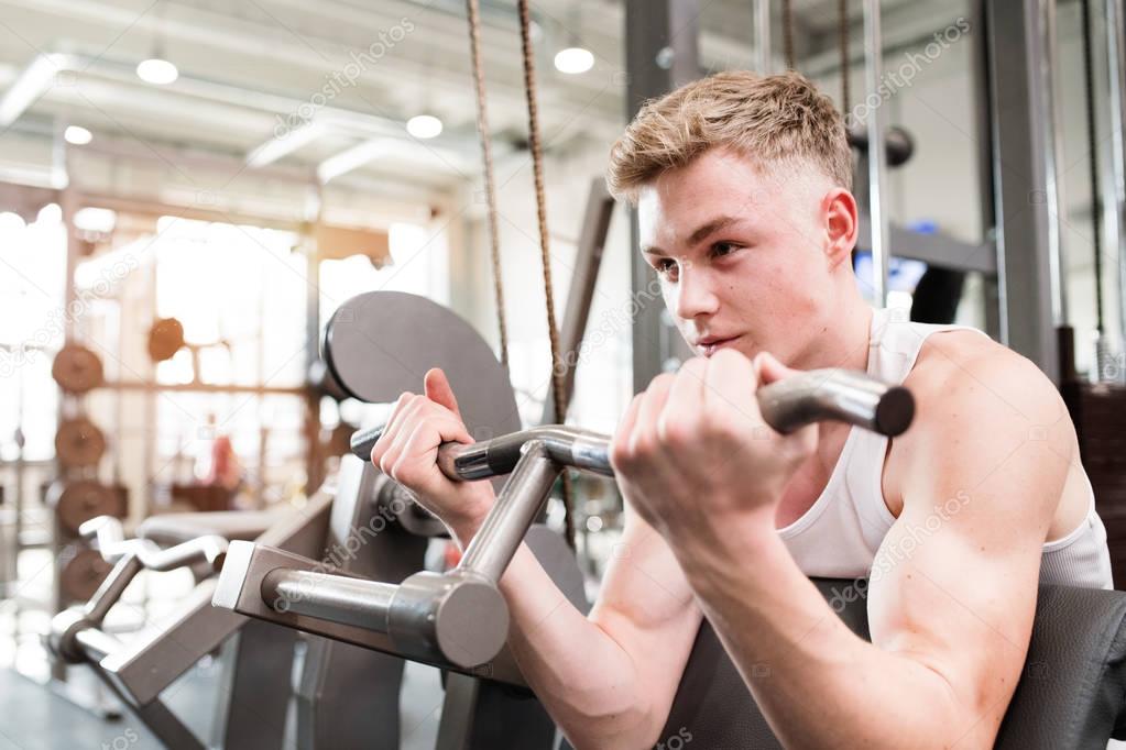 Young man in gym working out, using weights machine for arms.