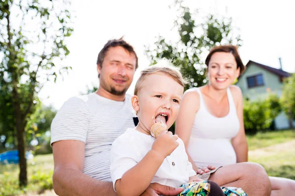 爸爸、 妈妈和儿子吃冰激淋、 阳光灿烂的夏天 — 图库照片