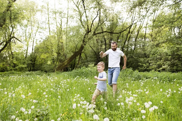 Padre joven con niño pequeño, día soleado de primavera . — Foto de Stock