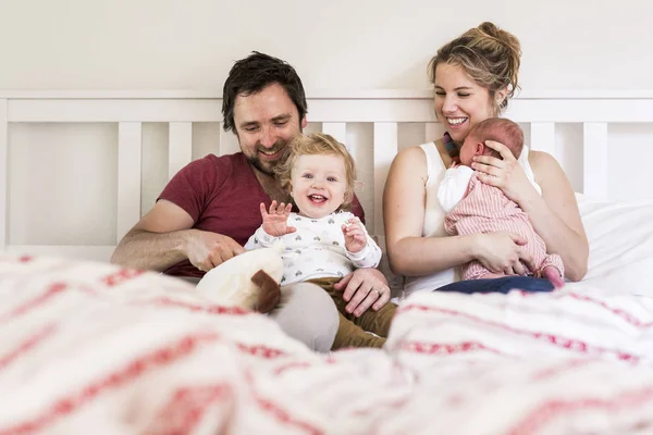 Young parents in bed with their cute little children — Stock Photo, Image