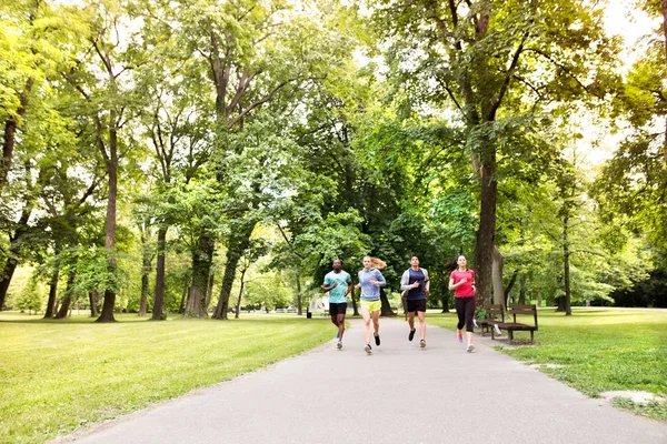 年轻的运动员，在绿色阳光公园跑步. — 图库照片