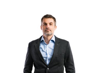 Hippi erkek gömlek ve ceket olgun. Stüdyo çekim, izole.