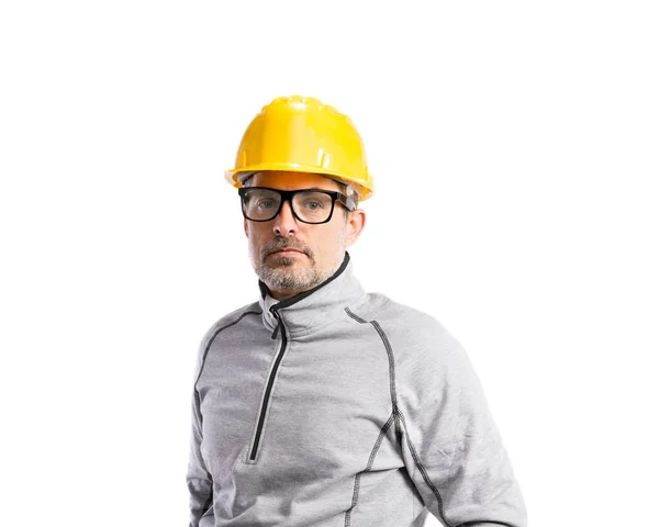 Homem hipster maduro em camisola cinza. Estúdio tiro, isolado . — Fotografia de Stock