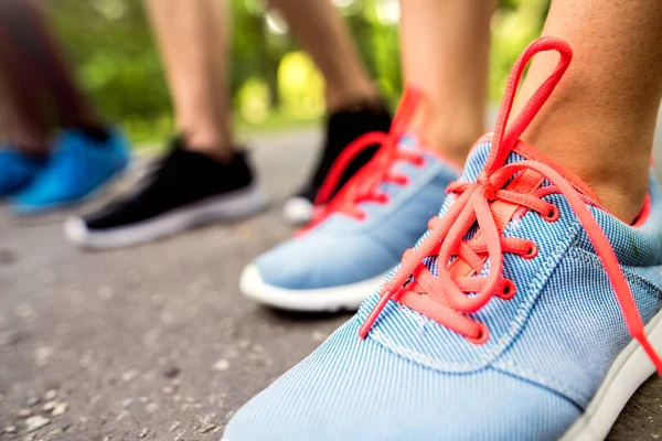 Legs of young athletes prepared for run in green sunny park. — Stock Photo, Image