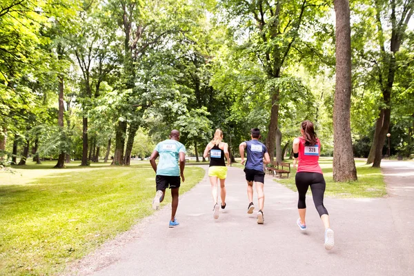 Gruppo di giovani atleti in corsa nel verde del parco soleggiato . — Foto Stock