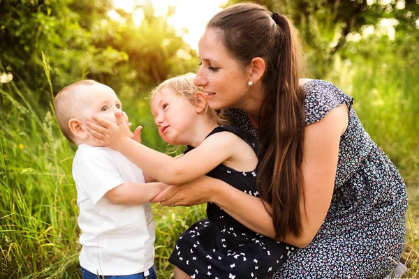 Jonge moeder met kleine kinderen in de zonnige zomer natuur — Stockfoto