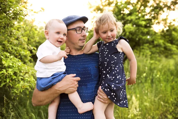 Jonge vader met kleine kinderen in de zonnige zomer natuur — Stockfoto