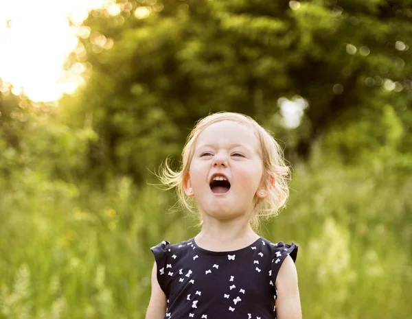 Schattig klein meisje buiten in de natuur van het groene zonnige zomer in. — Stockfoto