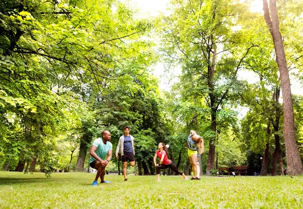 Gruppo di giovani corridori che si allungano e si riscaldano nel parco . — Foto Stock