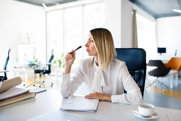 Femme d'affaires au bureau avec ordinateur portable dans son bureau . — Photo